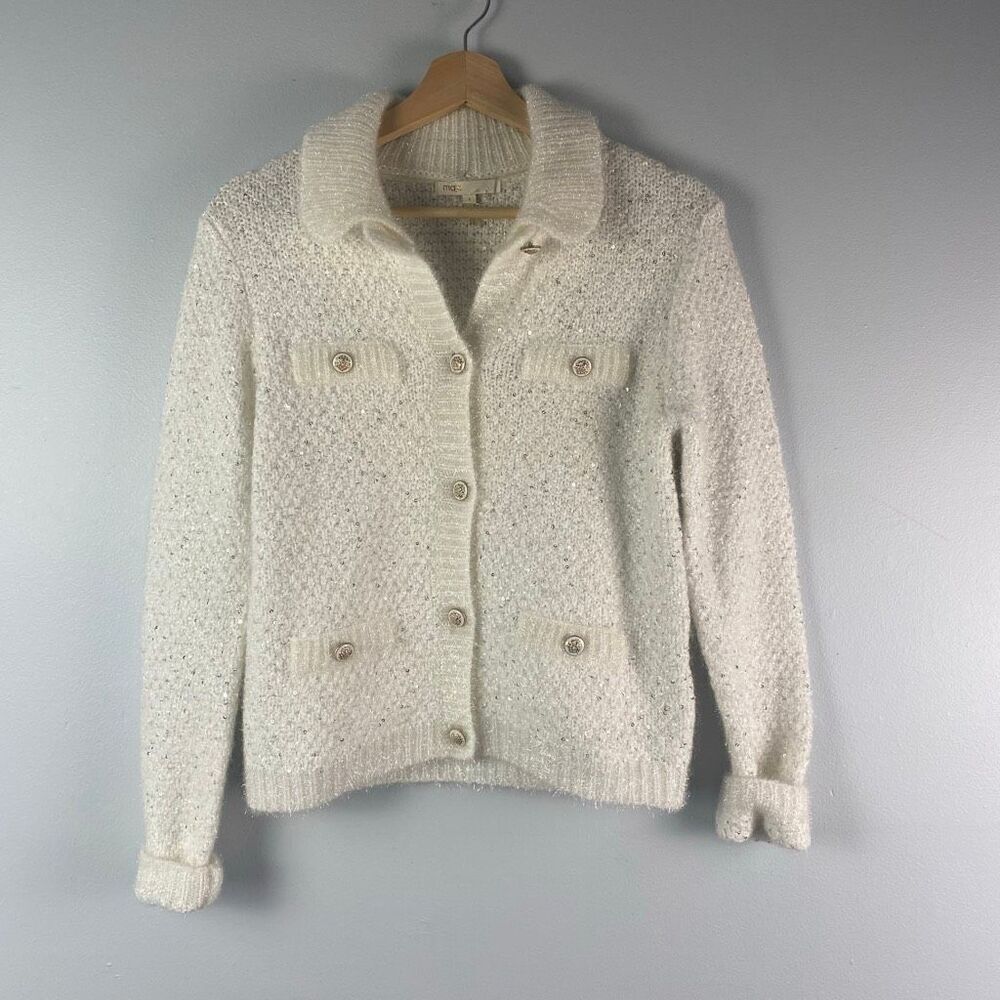 MAJE Blanc Sequin Lurex Knit Cardigan Sweater Size 1